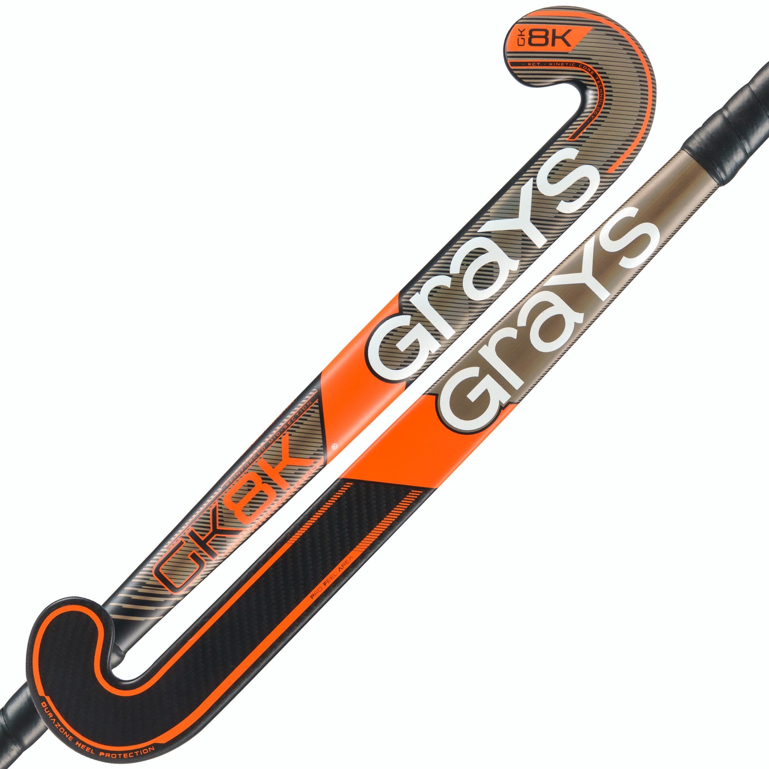 hockey stick, carbon finish, orange accents, grip handle,  curved blade